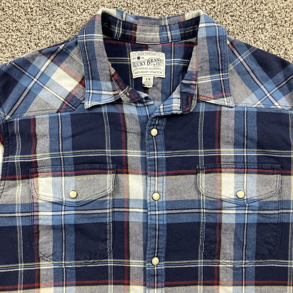 Lucky Brand Shirt Mens Large Flannel Plaid Pearl Snap Saturday Stretch Western - Picture 2 of 9